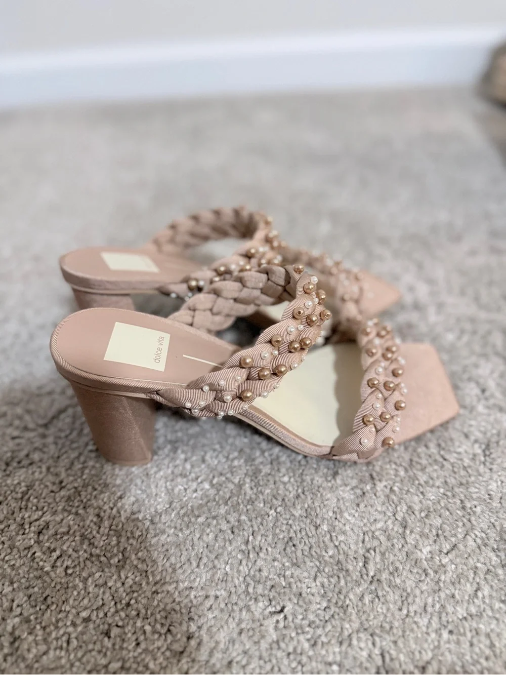 Dolce Vita Blush Braided Pearl-Stud Slide Heels